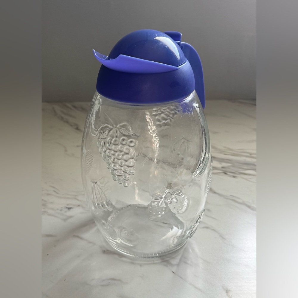 Embossed Glass Juice Jug Carafe Solmaz Mercan Blue Purple Plastic Lid Italy VTG
